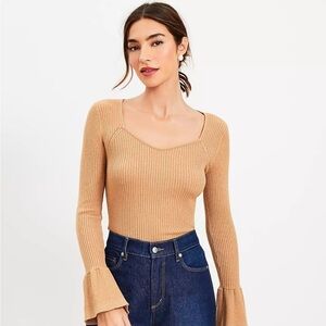 LOFT shimmer Gold and perfect camel Ribbed Knit Top with sweetheart neck